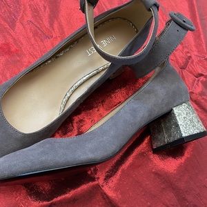 Nine West Grey Suede Ballerina Round Toe Ankle Strap Glitter Block Heels